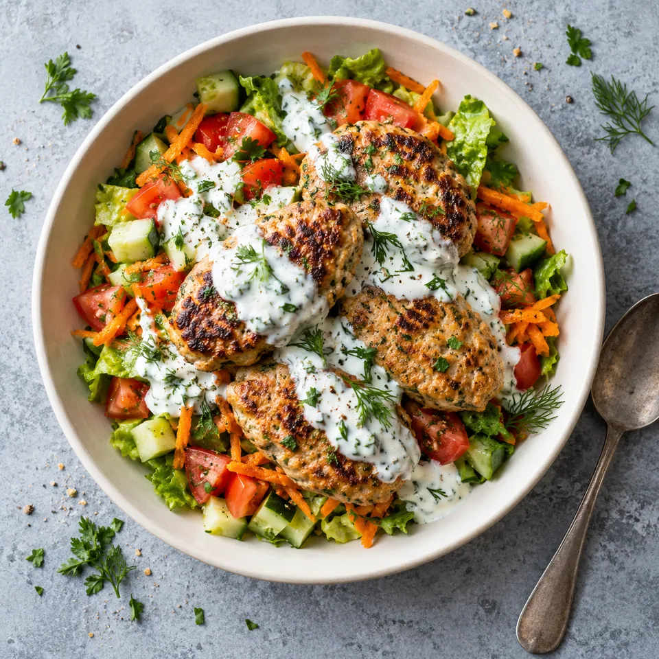 Keftas de poulet, salade fraîche et sauce au yaourt : keftas dorés sur salade colorée de tomates, concombre et carottes, nappés de sauce blanche aux herbes.