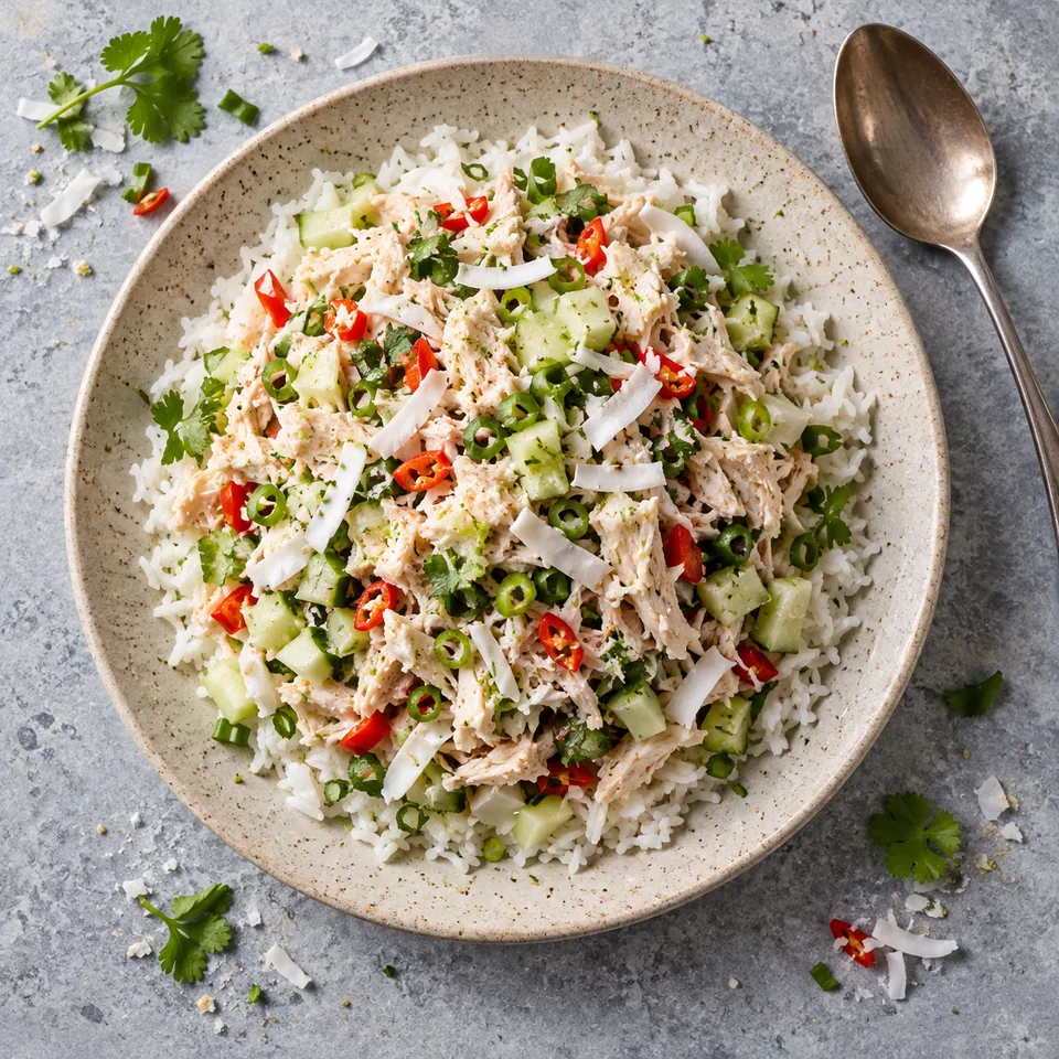 Kelaguen de poulet au citron et coco : riz, poulet haché, concombre et coco sur assiette beige.