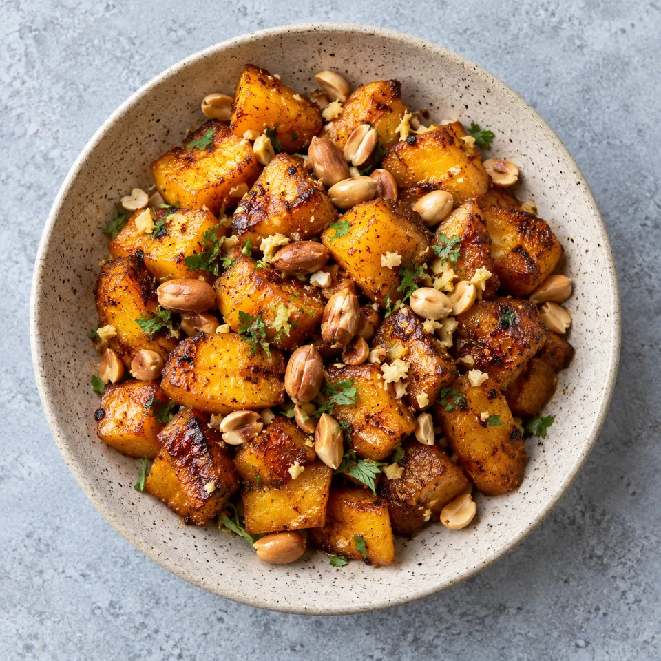 Kelewele de plantain au gingembre : dés de plantain dorés et croustillants parsemés de cacahuètes sur une assiette beige.