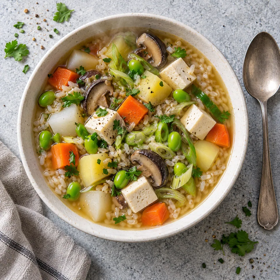 Kenchin-jiru : bol de riz complet recouvert de légumes en dés (carotte, navet, pomme de terre, poireau, champignons), tofu blanc et fèves de soja dans un bouillon clair.