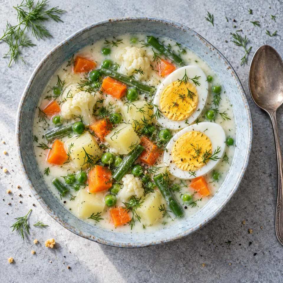 Kesäkeitto : portion de soupe finlandaise crémeuse aux légumes et œufs durs dans un bol bleu-gris.