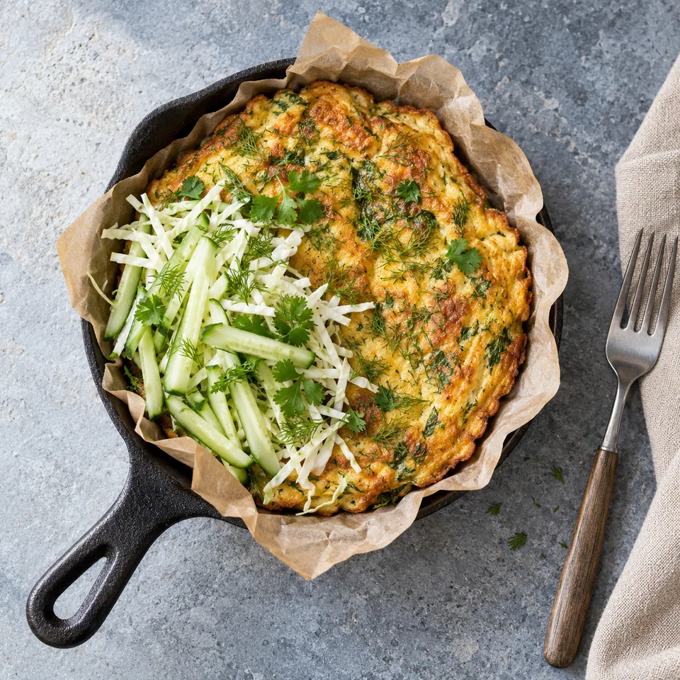 Khai pam, omelette aux herbes à couvert dans un petit poêlon en fonte noire avec papier cuisson, accompagnée de bâtonnets de concombre et de chou blanc émincé.