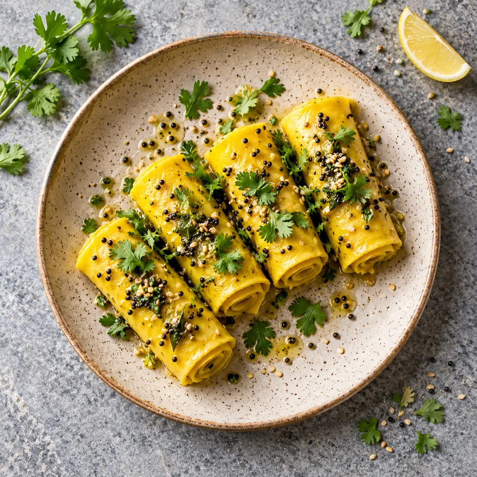 Khandvi, rouleaux de pois chiche jaunes garnis de graines et de coriandre sur une assiette beige.