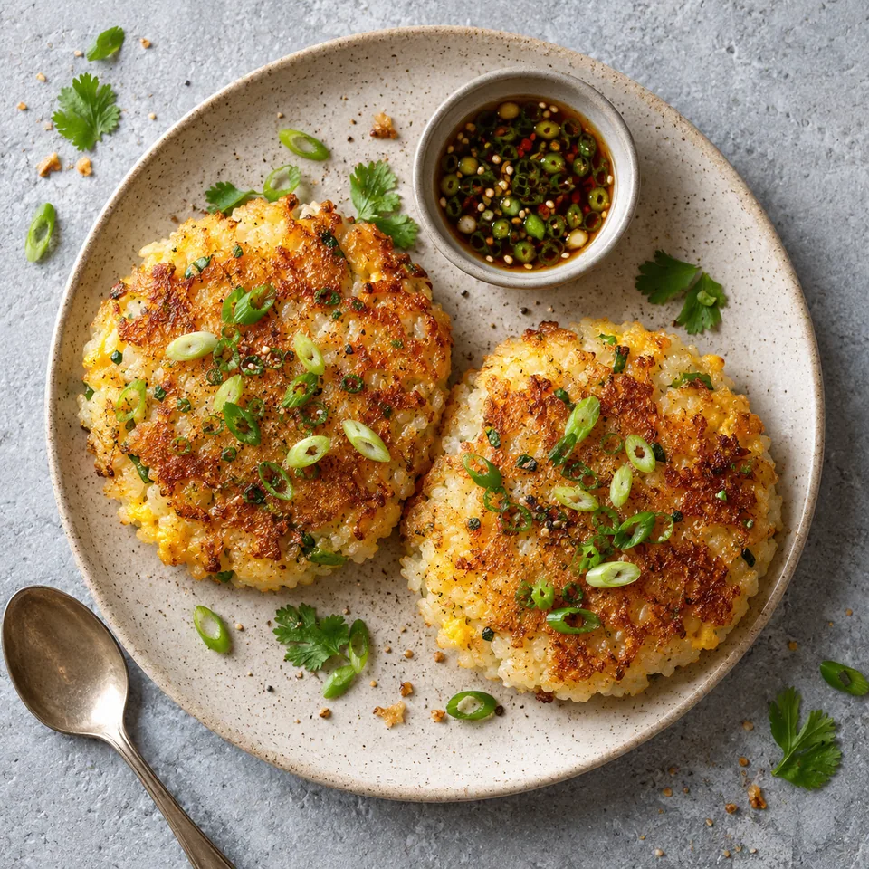 Khao jee : deux galettes de riz grillées dorées et croustillantes, garnies de ciboule verte, servies sur une assiette en grès beige.