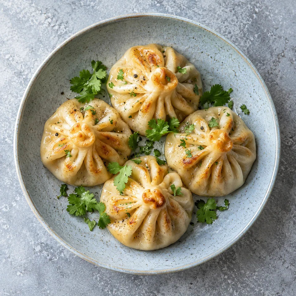 Khinkali au bœuf et aux herbes : quatre boulettes de pâte dorée garnies de viande hachée et coriandre sur une assiette bleue.