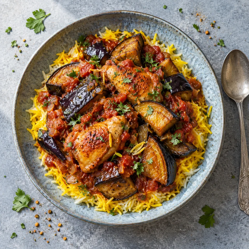 Portion de Khoresh bademjan au poulet et aubergines sur riz safrané, sauce tomate brillante, aubergines rôties dorées.