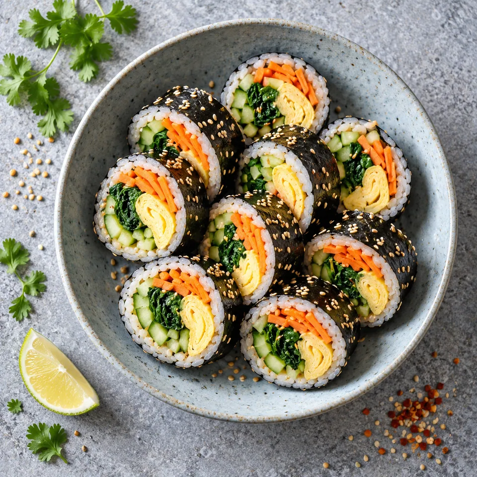 Kimbap à l’omelette et légumes : tranches de rouleaux de nori aux épinards, carotte, concombre et omelette, parsemées de sésame.