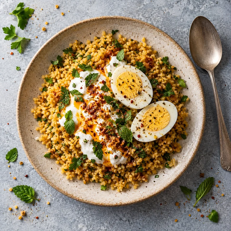 Assiette de boulgour au beurre épicé et yaourt, garnie de deux moitiés d'œuf dur cuit, vue de dessus.