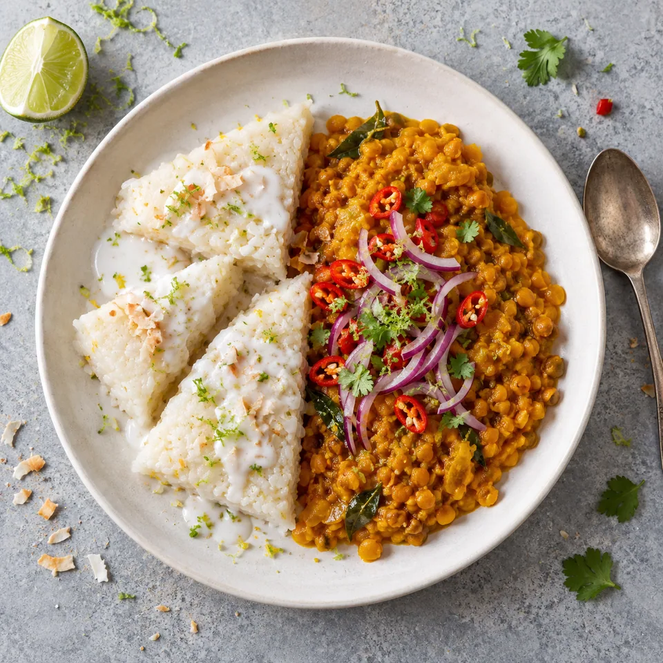 Kiribath et lentilles au curcuma : losanges de riz blanc cassé et lentilles corail épicées, garnis d'oignon rouge et citron vert.