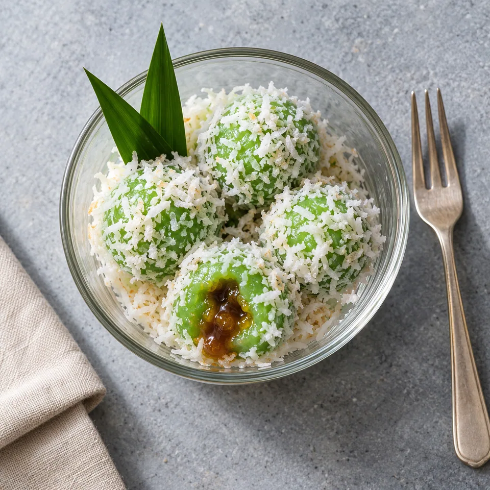 Klepon, boulettes au pandan et coco fondante : quatre sphères vertes enrobées de coco râpée dans une verrine.