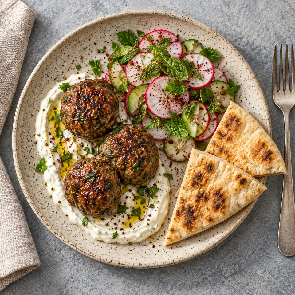 Köfte d’agneau grillées, salade de radis à la menthe et pita sur assiette en grès beige.