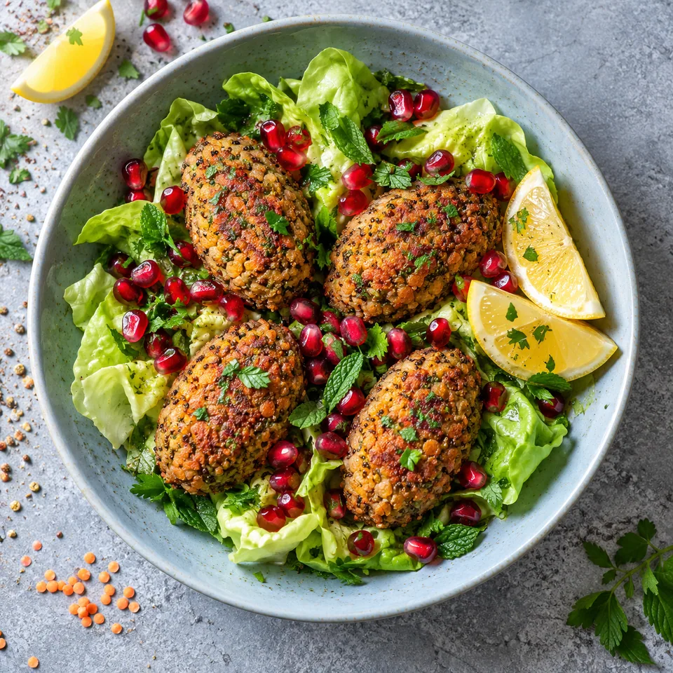 Köfte de lentilles corail au quinoa sur lit de laitue, parsemé de grenades et servi avec citron