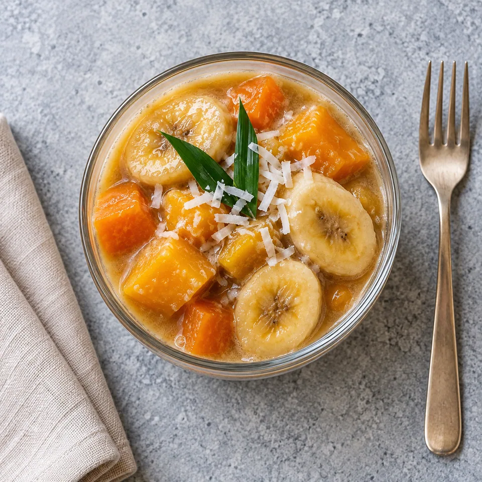 Kolak de banane, patate douce et coco dans une verrine en verre, aux couleurs chaudes et à la texture fondante.