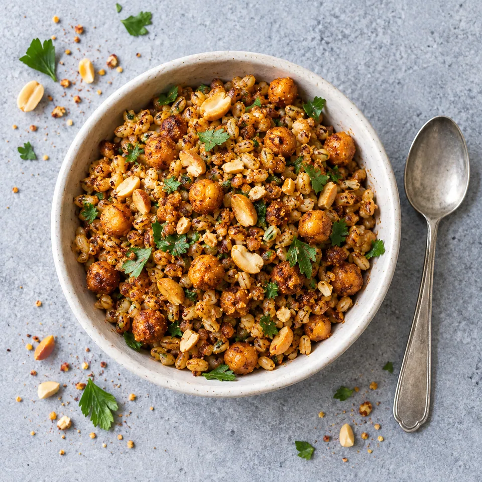 Portion de kolo croustillant à l'orge et pois chiches grillés au berbéré dans un petit bol blanc cassé.
