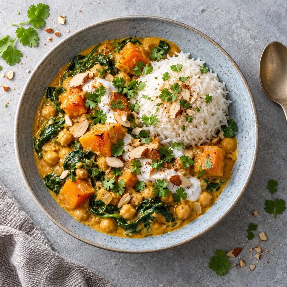 Korma de potimarron et pois chiches aux épices douces servi dans une assiette creuse bleu-gris, avec riz et coriandre fraîche.