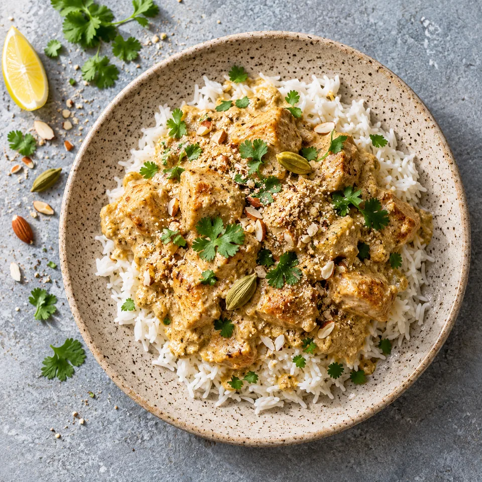 Korma de poulet aux amandes : riz blanc, dés de poulet dorés en sauce crémeuse beige et coriandre verte sur assiette grès beige.
