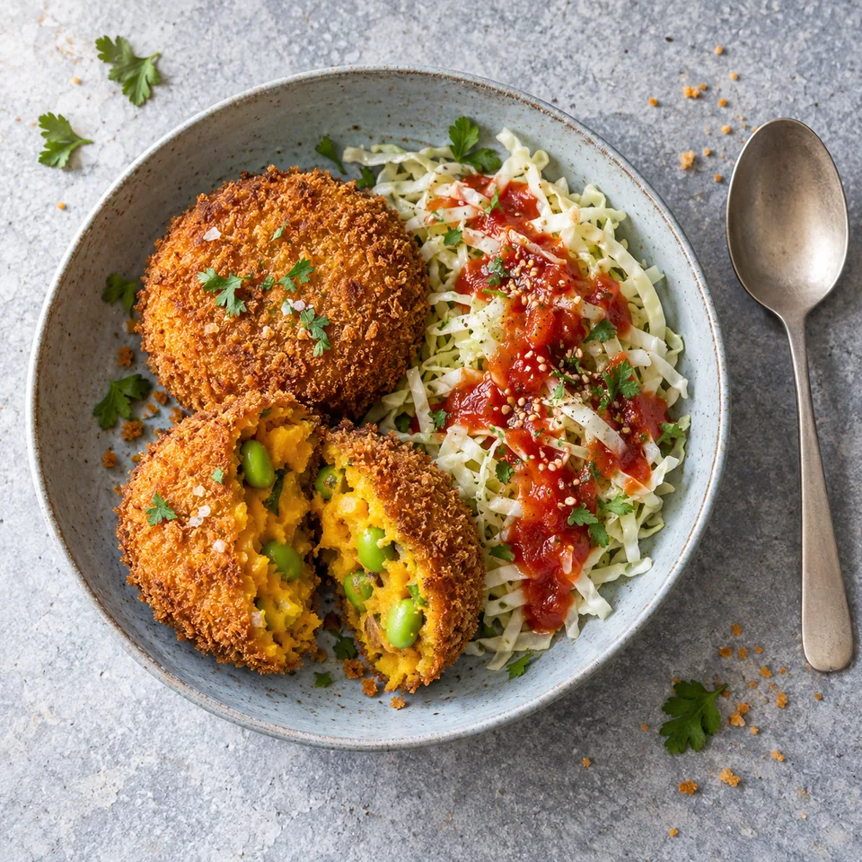 Korokke de courge et edamame dorés avec salade de chou au coulis de tomate sur assiette grise.