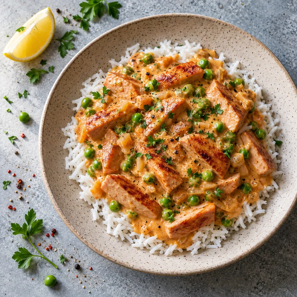 Korv stroganoff aux saucisses de volaille : riz, petits pois et saucisses en sauce crémeuse sur assiette beige.
