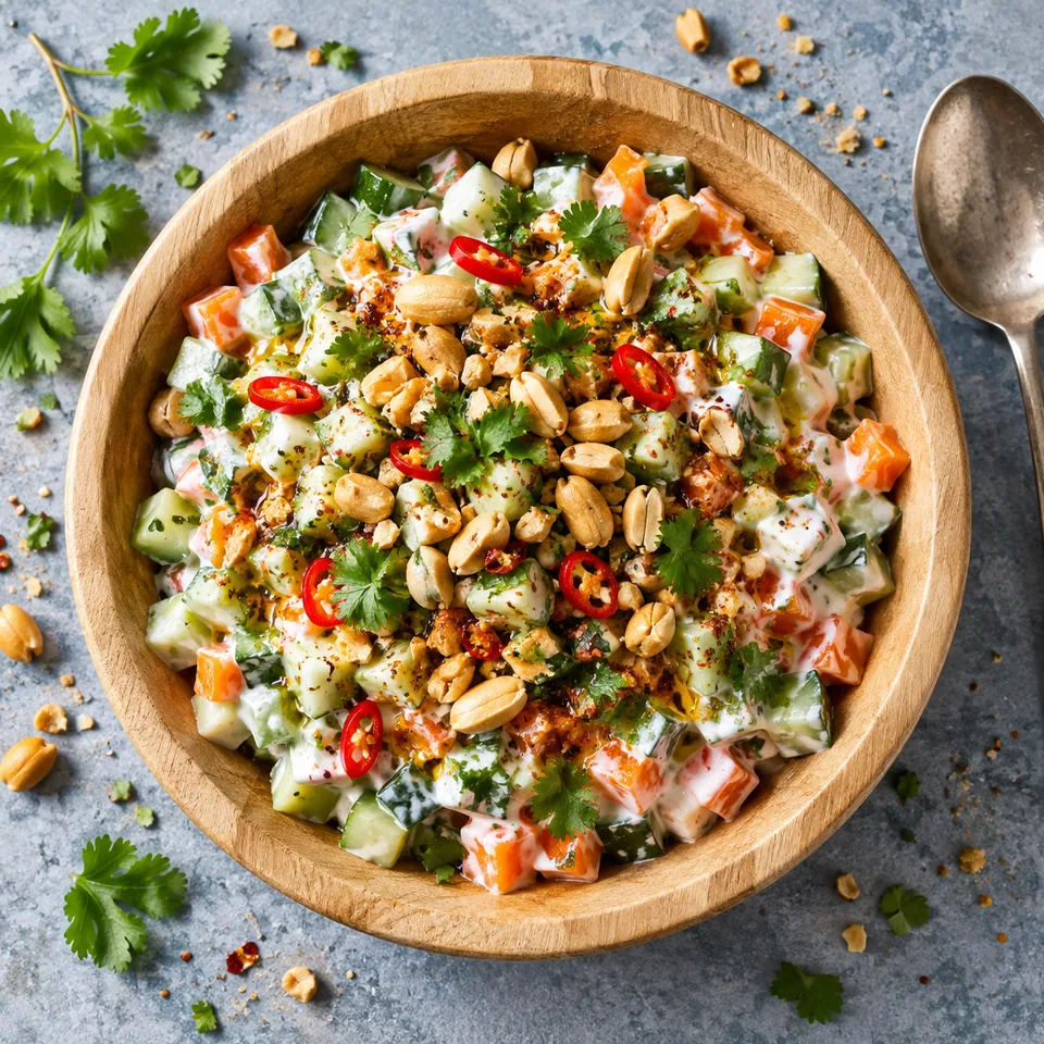 Koshimbir, salade de concombre aux cacahuètes sur planche en bois