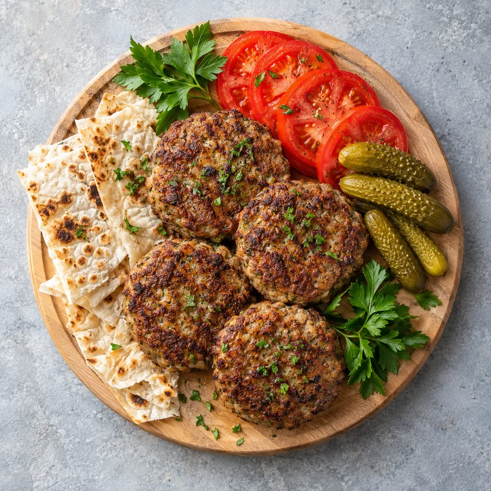 Kotlet, galettes persanes de bœuf : quatre galettes dorées sur planche en bois, accompagnées de tomates, cornichons, persil et pain lavash.