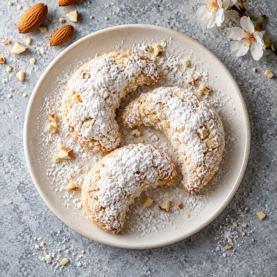 Trois kourabiedes grecs en forme de croissants, généreusement saupoudrés de sucre glace, sur une petite assiette blanche.