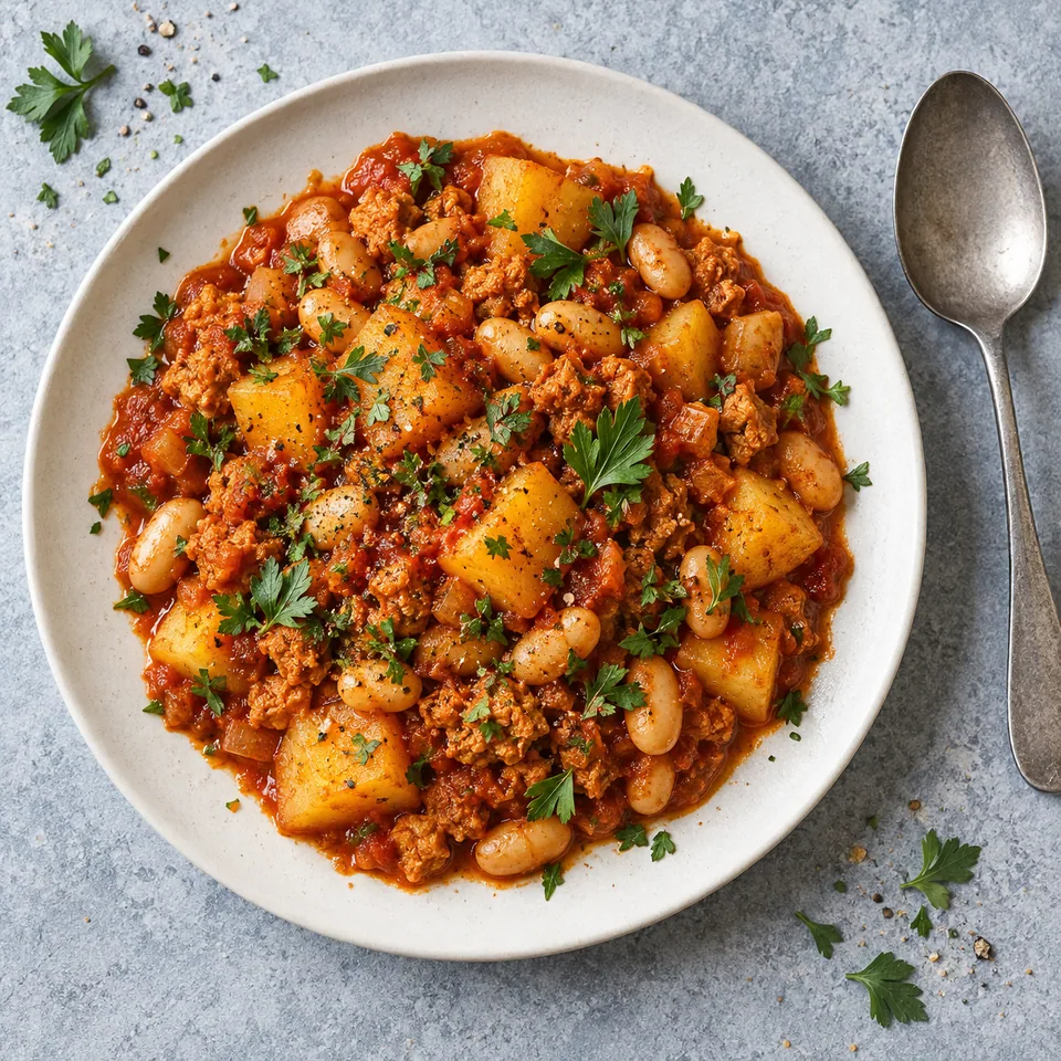 Assiette de Krumpli paprikás aux haricots blancs : ragoût rouge aux pommes de terre, soja et haricots blancs, garni de persil.