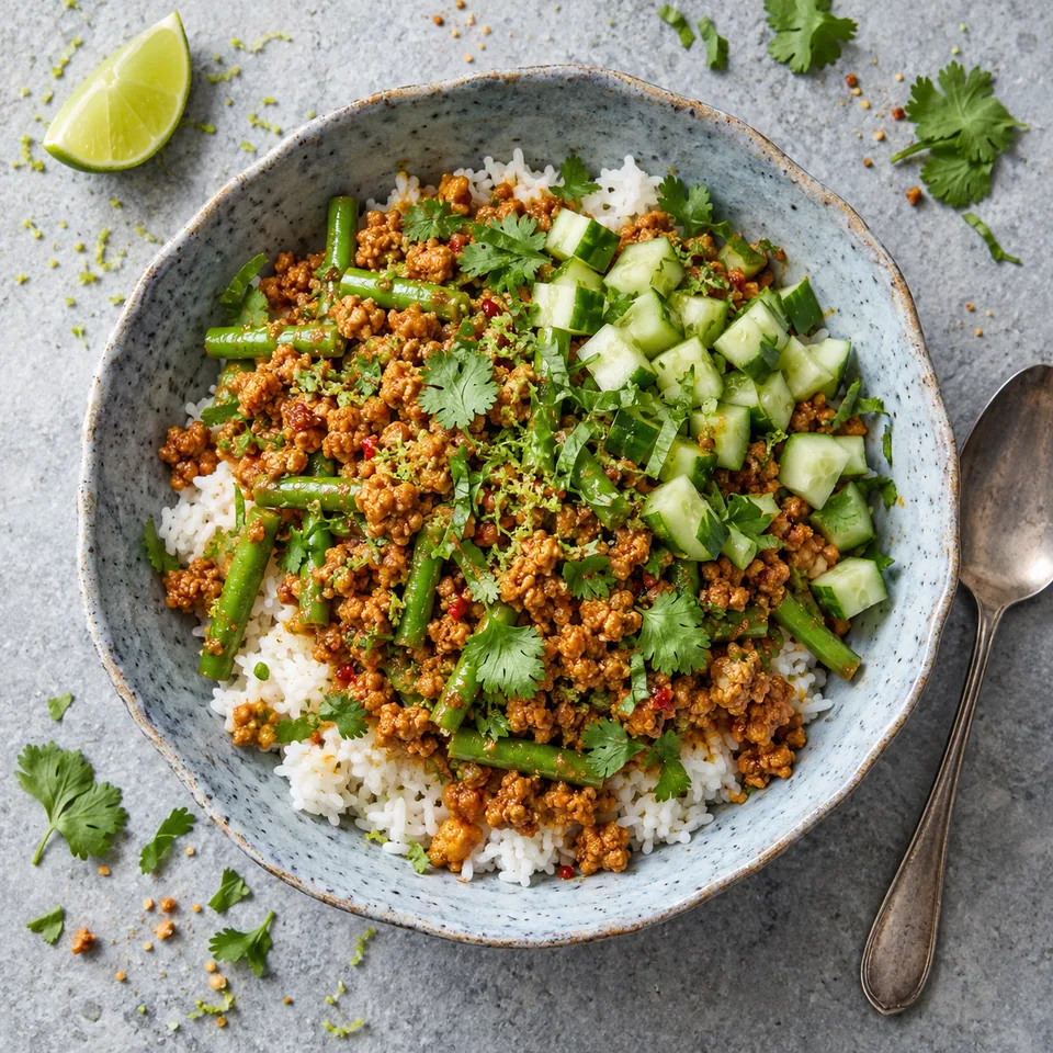 Kua kling de porc au curry sec et citron vert servi dans un bol bleu-gris avec riz, porc, haricots verts, concombre et coriandre.
