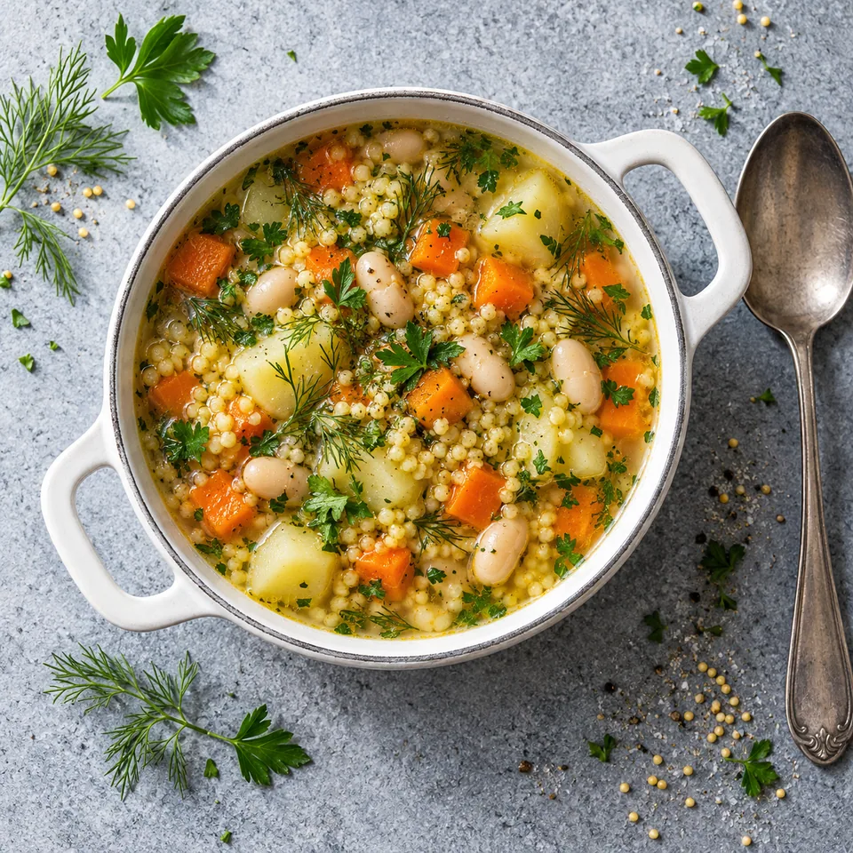 Kulish, soupe ukrainienne au millet : portion dans une cocotte blanche avec dés de légumes, haricots blancs et herbes fraîches.