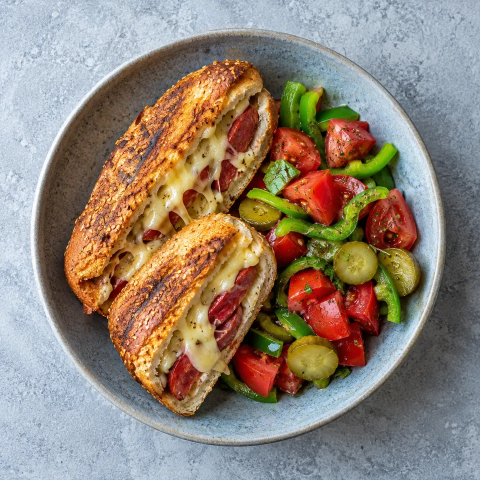 Kumru d’Izmir au fromage fondu doré sur une assiette bleue-gris, accompagné de tomates, poivron et cornichons frais.