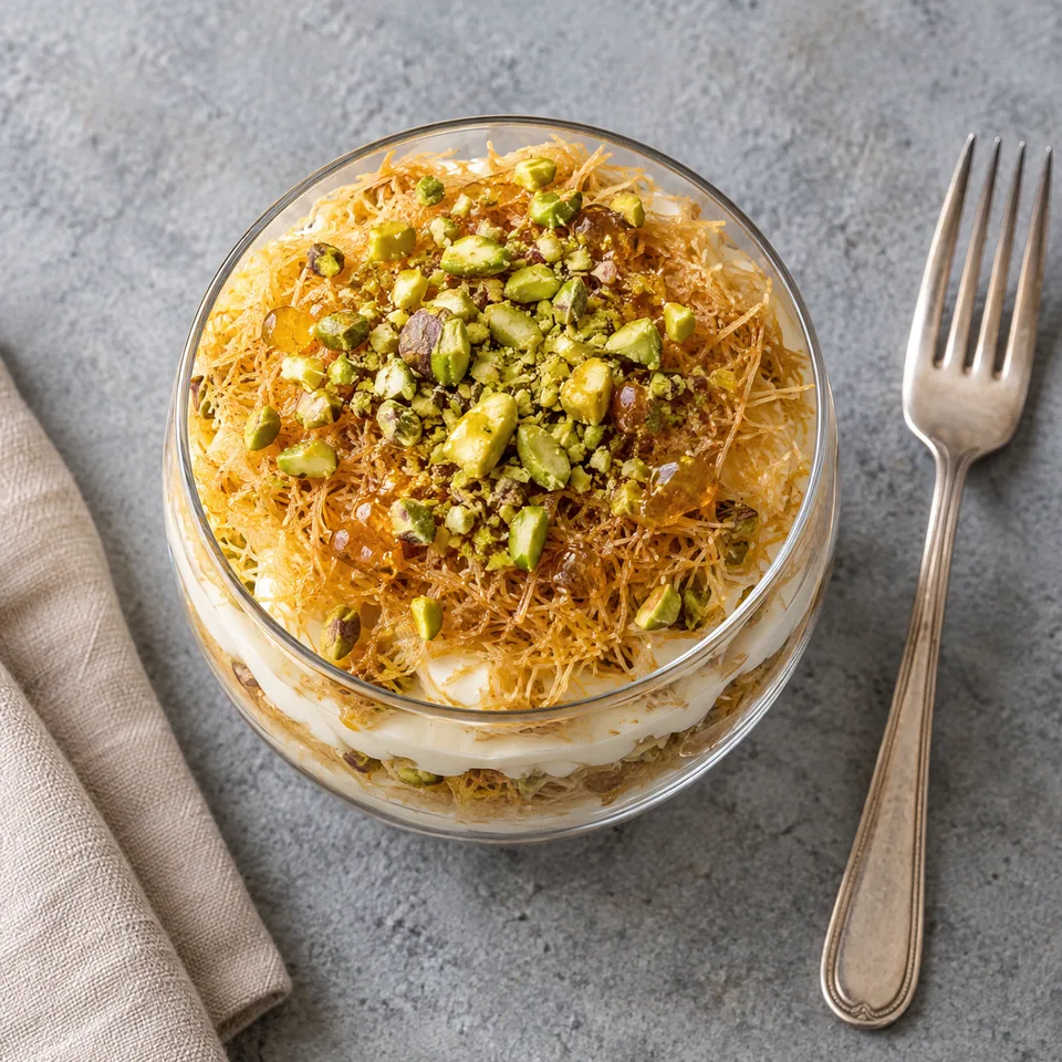 Verrine de kunafa aux couches de crème blanche et de kataïfi doré croustillant, garnie de pistaches vertes et de sirop brillant.