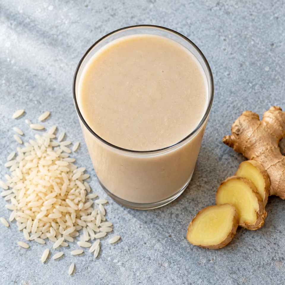 Kunu au riz et gingembre : boisson beige opaque et onctueuse servie dans un grand verre droit transparent.