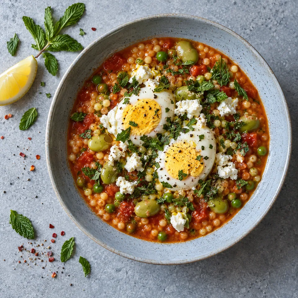 Kusksu maltais aux fèves et à l’œuf : soupe aux pâles perles, légumes verts et rouges, œufs pochés et menthe dans un bol bleu-gris.