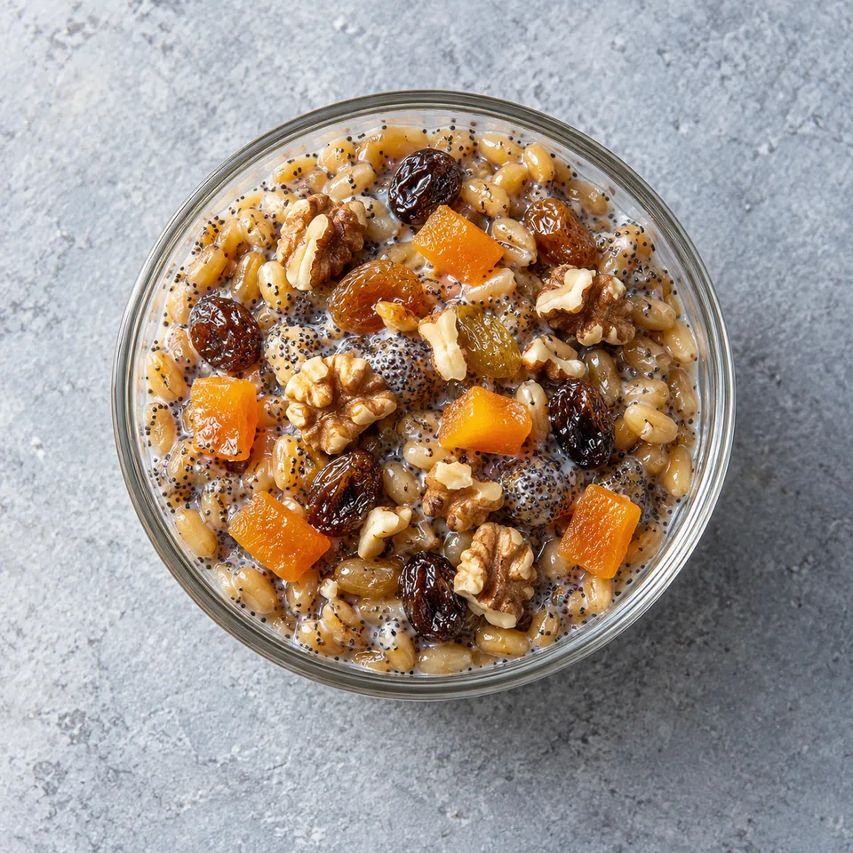 Kutia, blé au pavot, miel et noix : portion dans une verrine avec crème de pavot, fruits secs et noix.