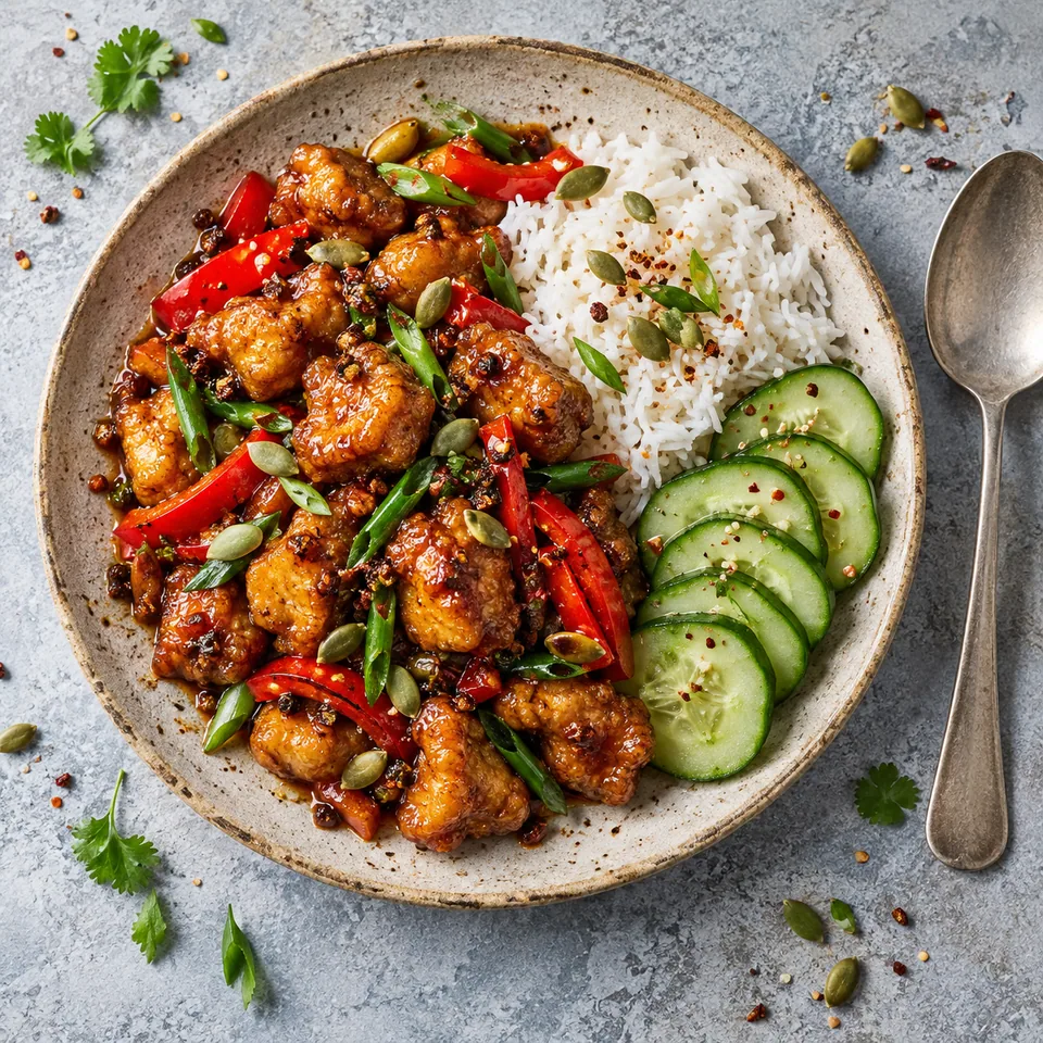 Assiette de Zi Ji au poulet doré, poivrons rouges et ciboule sur riz, garnie de graines de courge et accompagnée de concombre.