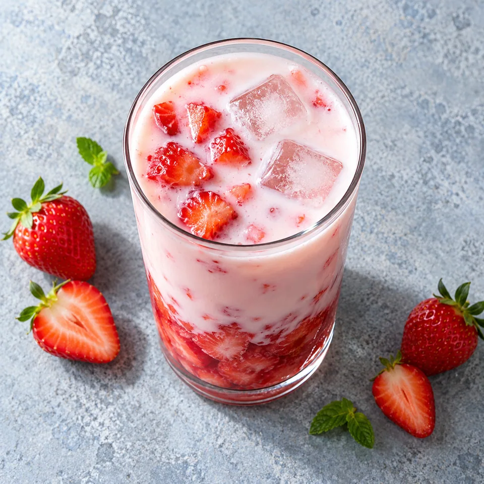 Lait à la fraise fraîche à la coréenne servi dans un grand verre transparent avec des couches de fraises écrasées et de lait.