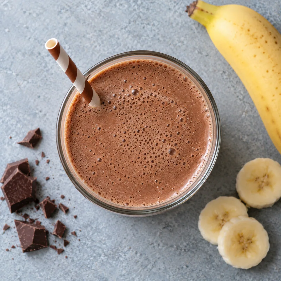 Lait chocolaté froid à la banane dans un verre transparent, boisson lisse et mousseuse de couleur marron.