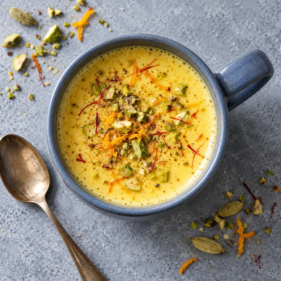 Lait d’amande chaud à la cardamome et au safran dans un mug bleu-gris, garni de pistaches et safran.