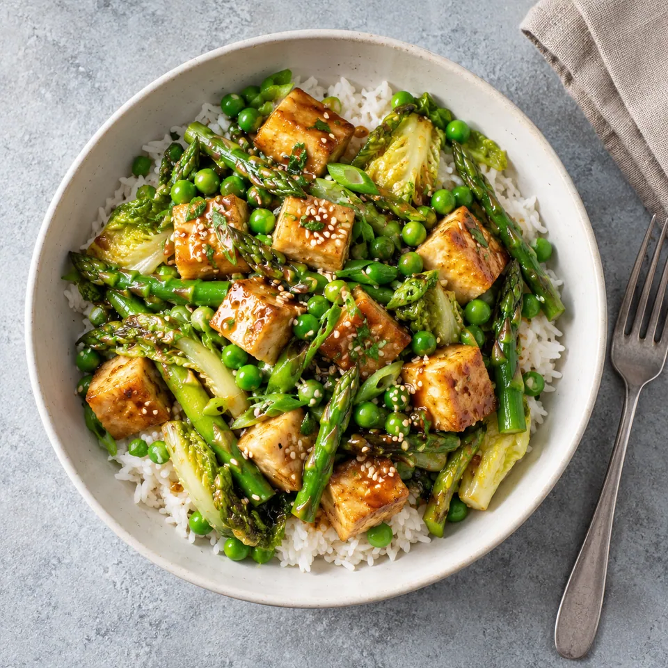 Bol de riz printanier avec tofu doré, asperges vertes et laitue sautée, parsemé de graines de sésame.