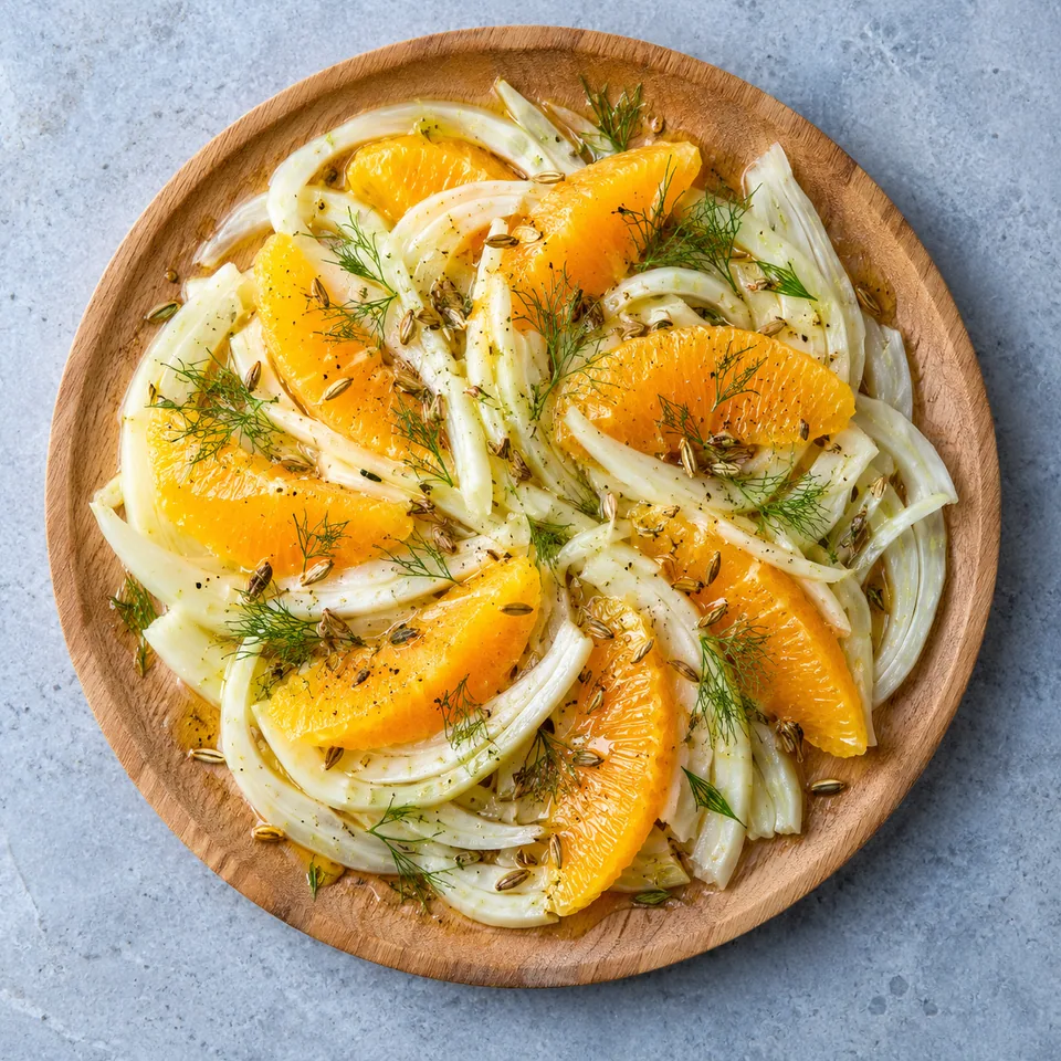 Lamelles de fenouil et d’orange aux graines de fenouil sur planche en bois