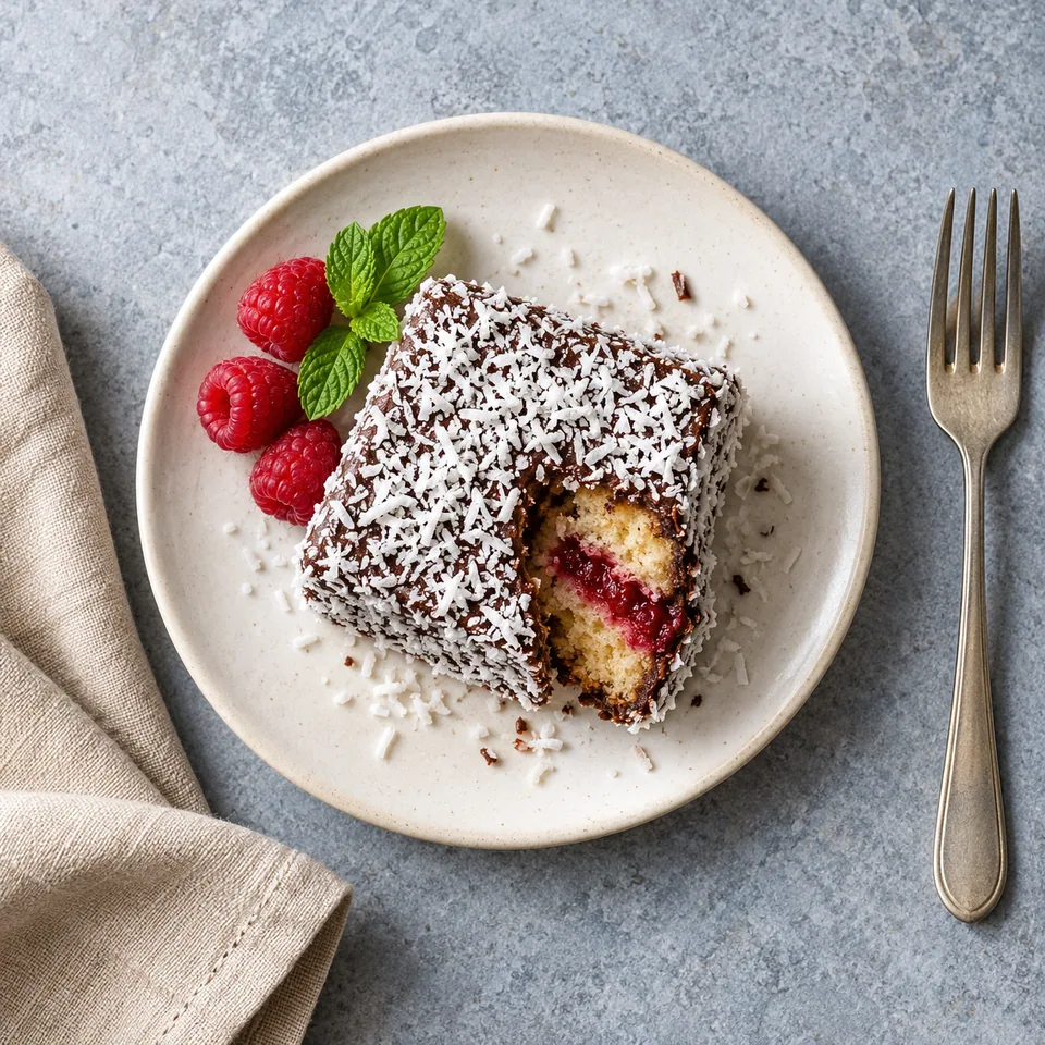 Lamington au cacao, framboise et coco : un carré de génoise enrobé de glaçage chocolat et de noix de coco râpée sur une assiette blanche.