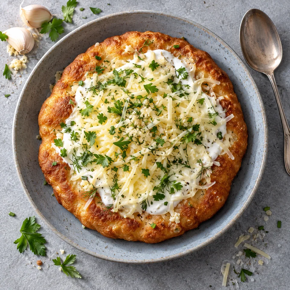 Lángos à la poêle, ail et fromage : galette dorée nappée de crème blanche et herbes sur assiette bleue