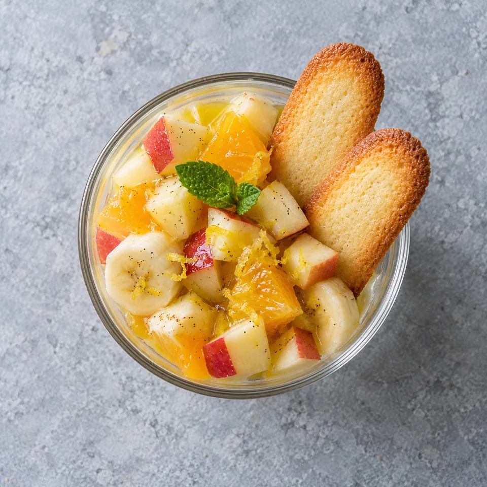 Verrine de fruits frais (pommes, oranges, banane) avec des langues de chat à la vanille croustillantes.