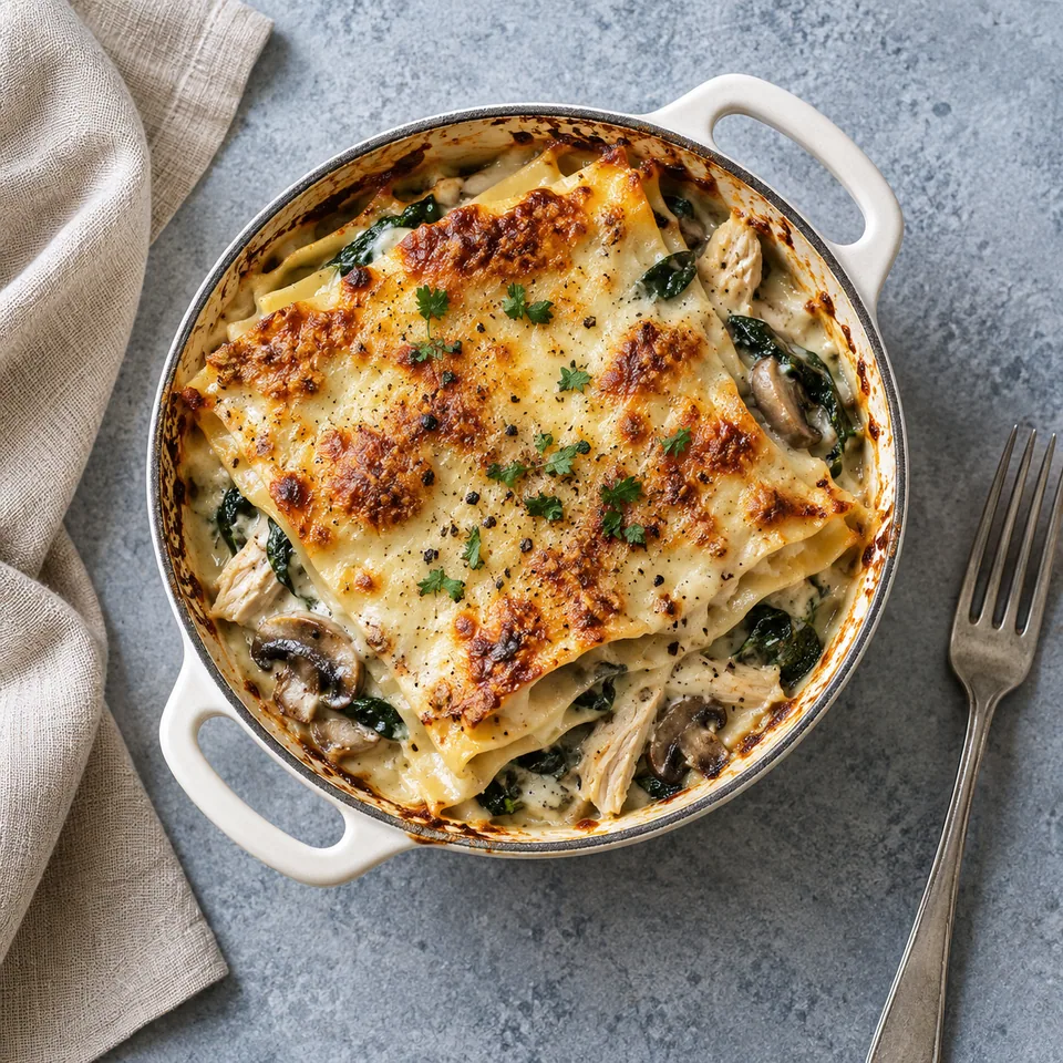 Portion de lasagnes poulet-champignons-épinards dans une cocotte blanche, surface dorée et gratinée.