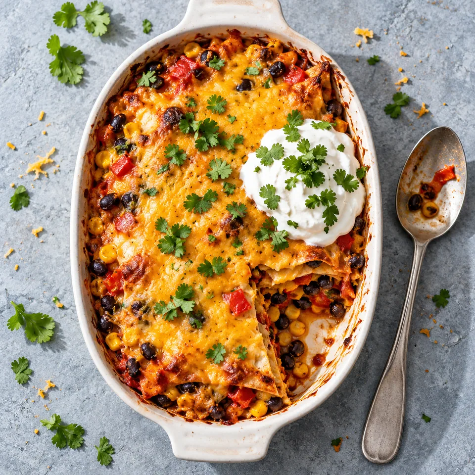 Lasagnes de tortillas, haricots noirs et cheddar : portion avec garniture mijotée, cheddar doré et sauce yaourt coriandre.