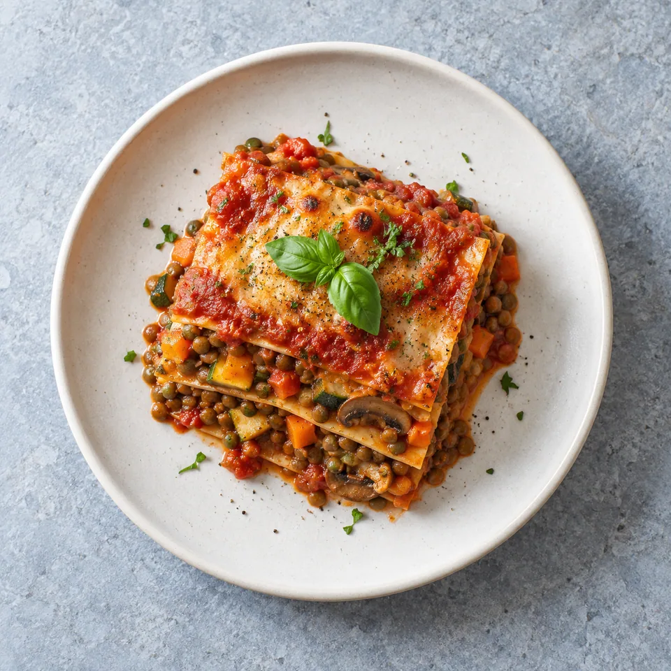 Lasagnes végétales aux lentilles : part carrée en couches, garniture rouge avec lentilles, dés de légumes et champignons visibles.