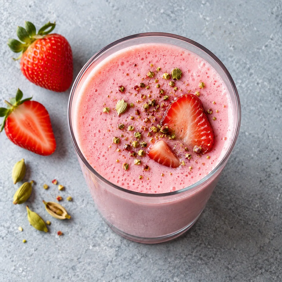 Lassi fraise et cardamome dans un grand verre droit transparent, boisson rose pâle lisse et veloutée.