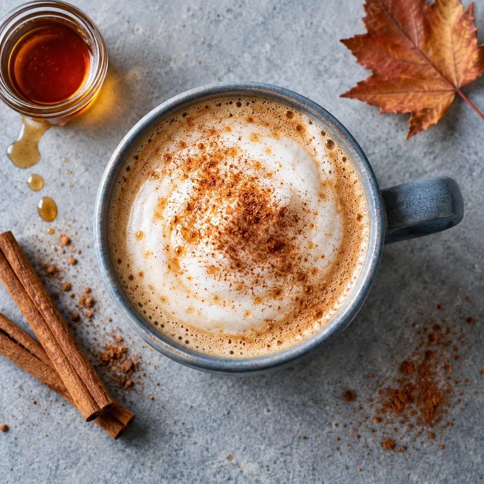 Latte à l’érable et à la cannelle dans un mug bleu-gris, mousse de lait poudrée de cannelle.