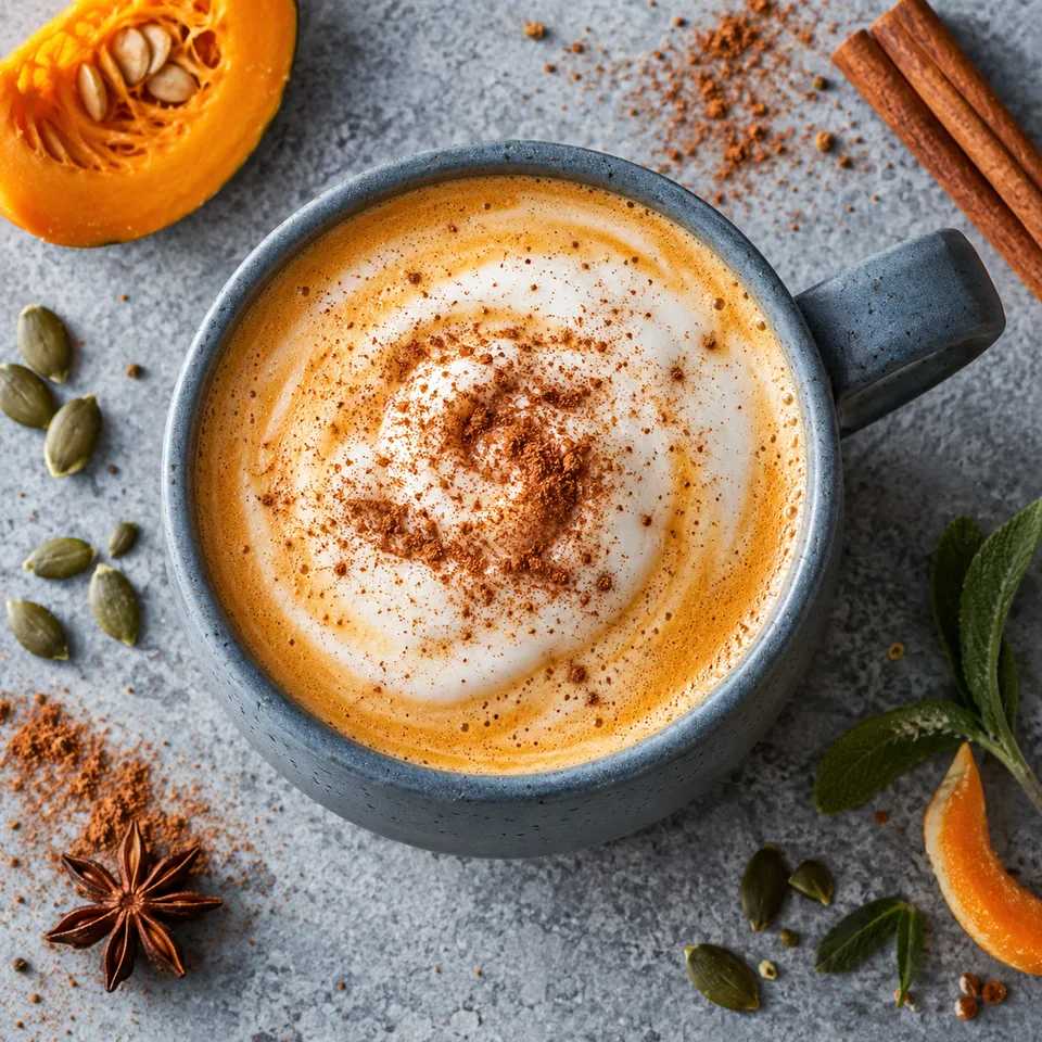 Latte café-potiron dans un mug bleu-gris, mousse onctueuse et touche de cannelle.
