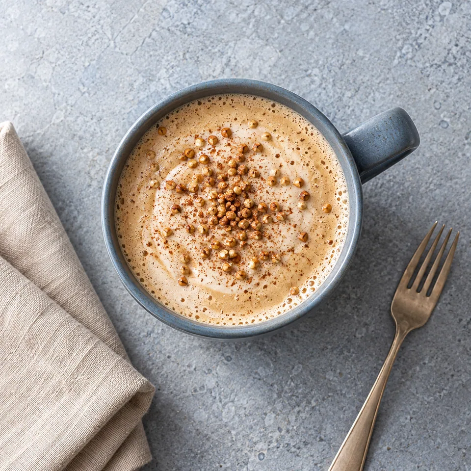 Latte chaud au sarrasin torréfié servi dans un mug bleu-gris, boisson beige dorée et mousseuse.