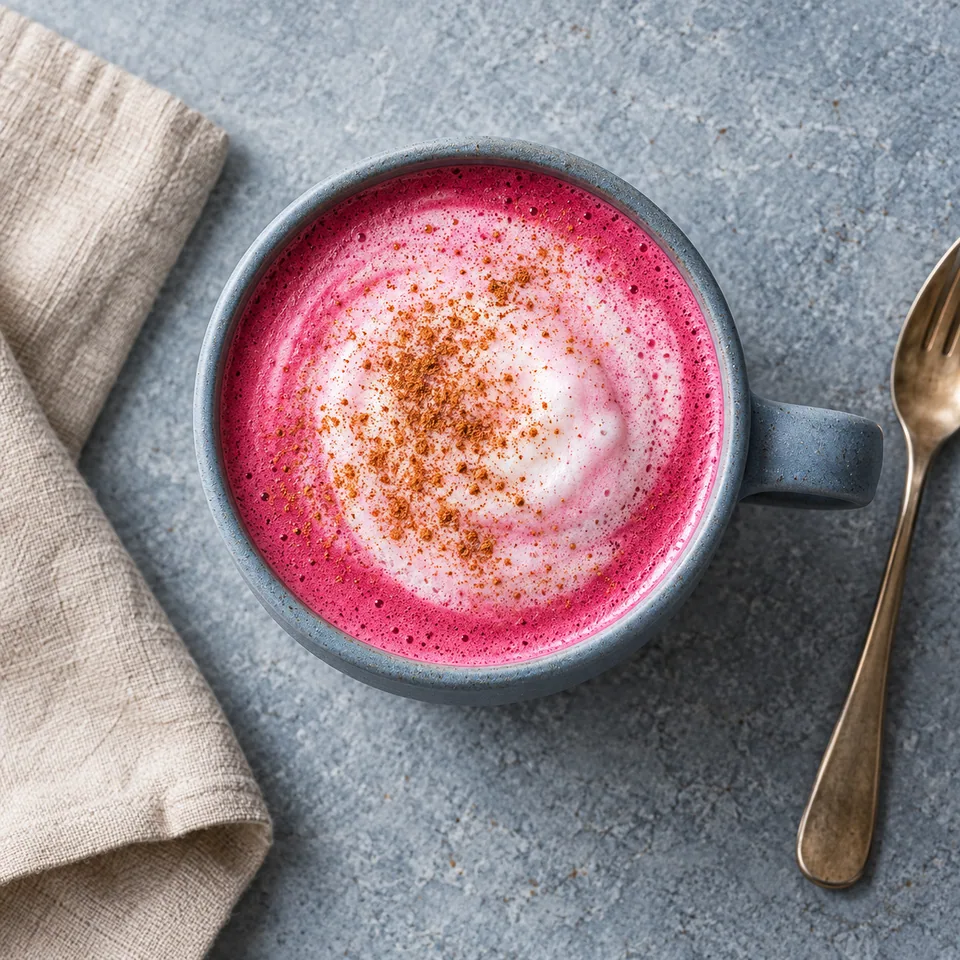 Latte rose à la betterave et à la cannelle dans un mug bleu-gris, surmonté d'une mousse crémeuse et d'un peu de cannelle.